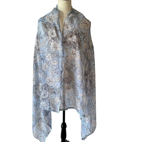 Floral Blue White Oblong Scarf Lace Trim Lightweight Long Wrap Hijab Bloomcore - Picture 4 of 13